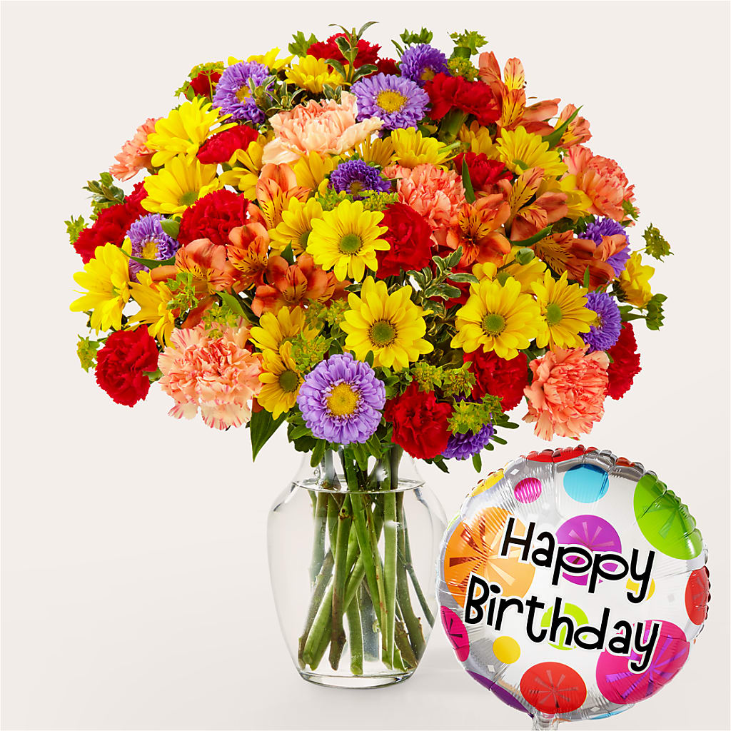 Kaleidoscope Bouquet with Birthday Balloon – Joyce Florist Of Dallas Inc, Dallas TX