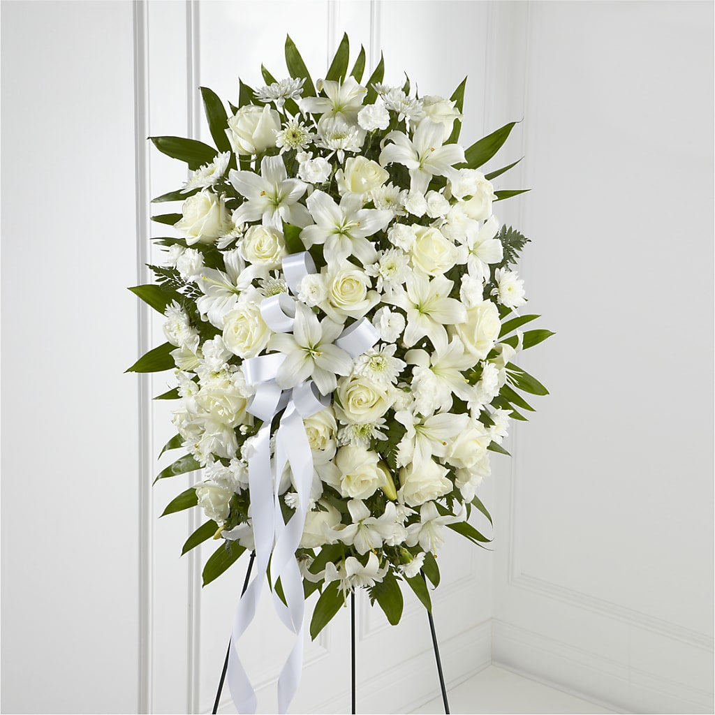 Exquisite Tribute Standing Spray-White Ribbon – Joyce Florist Of Dallas Inc, Dallas TX