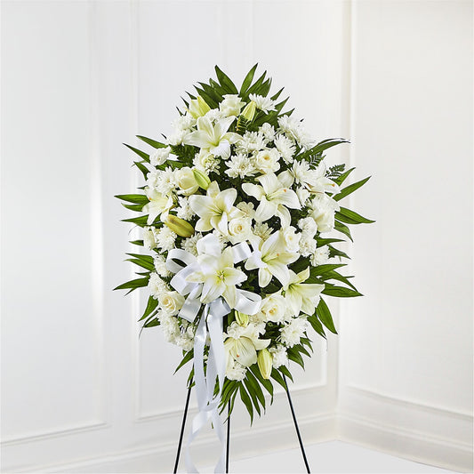 Exquisite Tribute Standing Spray-White Ribbon –  Joyce Florist Of Dallas Inc, Dallas TX